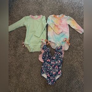 Ruffle Butts Girls Three Piece Bathing Suit Rash Guard Bundle Lot Set
